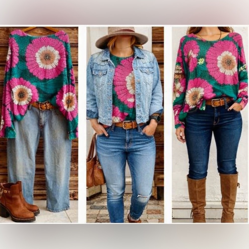 Boho Floral Knit Oversized Pink Green Pullover Shirt- sz L